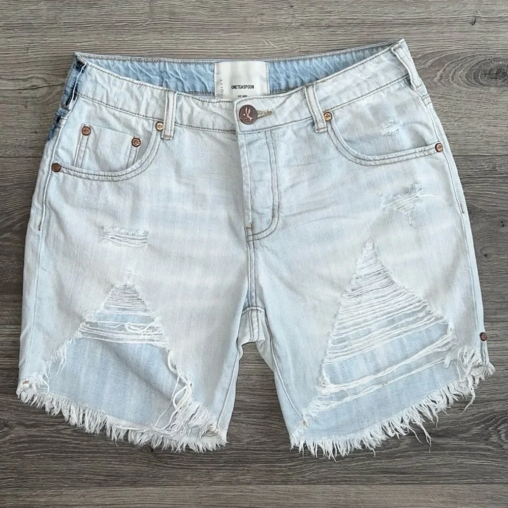 ONE TEASPOON Stevies Shorts Size 25 Long Length Light Blue Distressed Retro 90s
